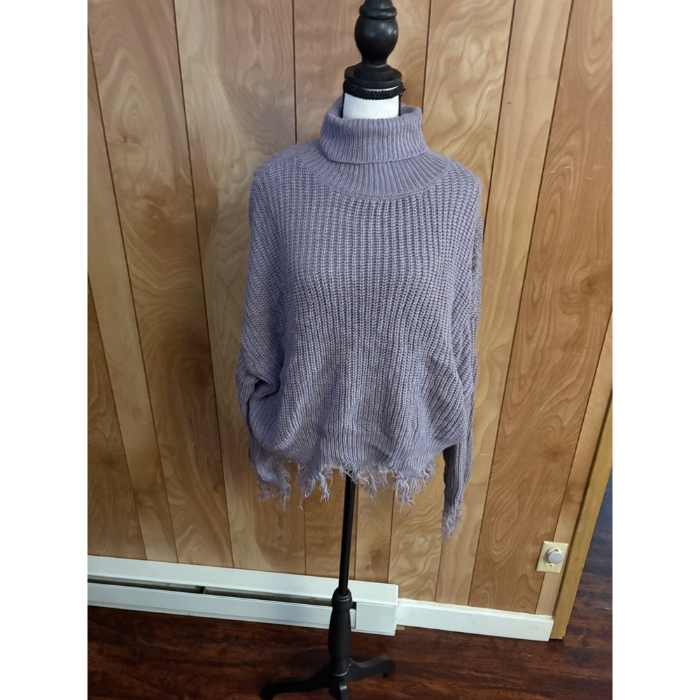 Just Polly New York Lavender Distressed Hem Turtleneck Ribbed Sweater XL